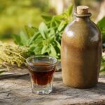 Kräuterlikör im Glas neben einer Steingutflasche