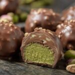 Pralinenkugeln, eine halbiert mit Pistazienmarzipan