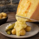 Geschmolzener Raclettekäse wird auf Kartoffeln geschabt