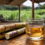 Glas Rum neben Zuckerrohrstangen