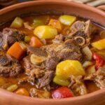 Eintopf mit Ziegenfleisch im Tontopf